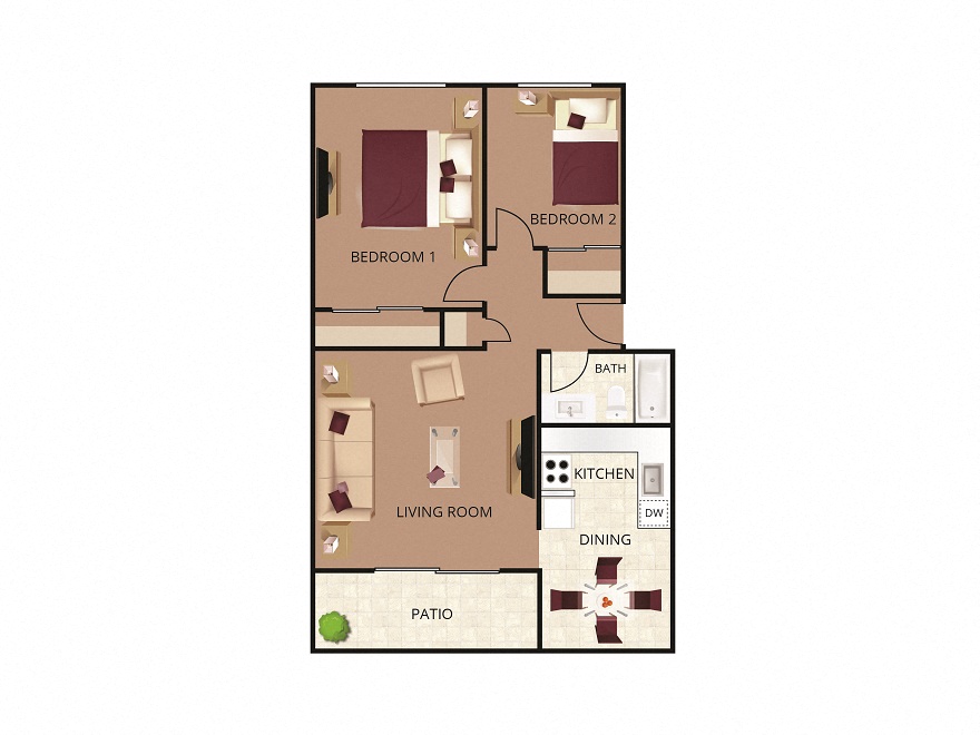 Floor plan for 2 beds, 1 bath, 850 sqft